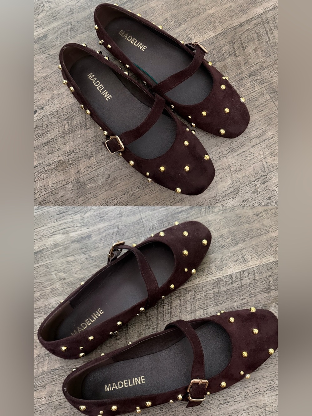 Madeline Dark Brown Gold Studded Mary Jane Flats Women Size 7